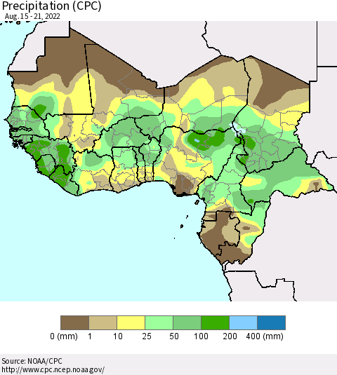 Western Africa Precipitation (CPC) Thematic Map For 8/15/2022 - 8/21/2022