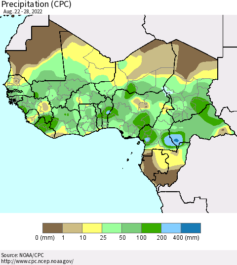 Western Africa Precipitation (CPC) Thematic Map For 8/22/2022 - 8/28/2022