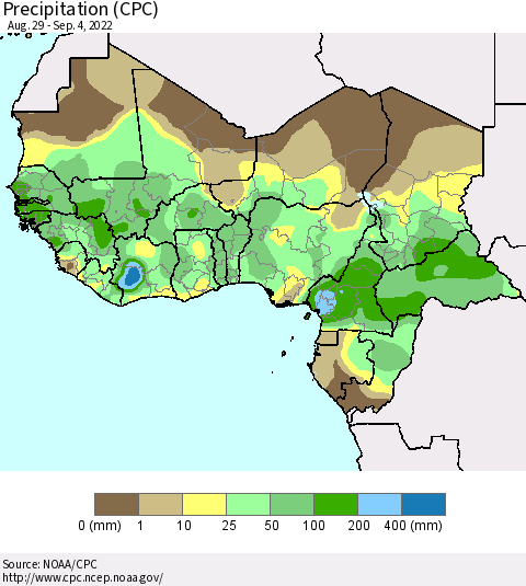 Western Africa Precipitation (CPC) Thematic Map For 8/29/2022 - 9/4/2022