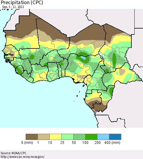 Western Africa Precipitation (CPC) Thematic Map For 9/5/2022 - 9/11/2022
