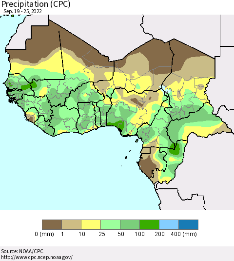Western Africa Precipitation (CPC) Thematic Map For 9/19/2022 - 9/25/2022