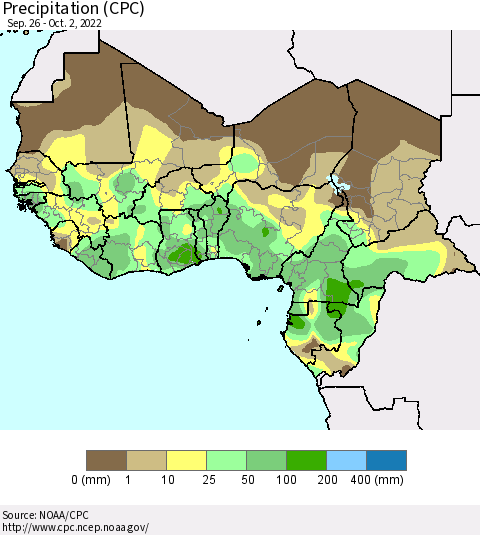 Western Africa Precipitation (CPC) Thematic Map For 9/26/2022 - 10/2/2022