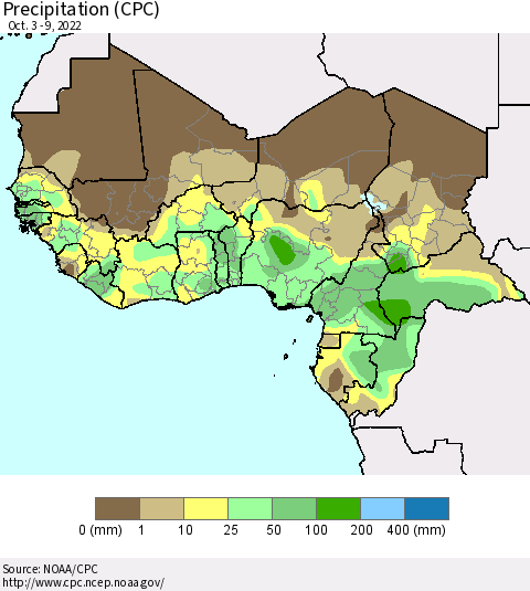 Western Africa Precipitation (CPC) Thematic Map For 10/3/2022 - 10/9/2022