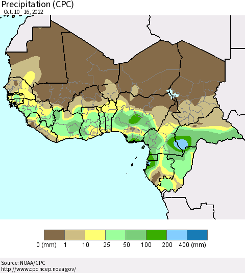 Western Africa Precipitation (CPC) Thematic Map For 10/10/2022 - 10/16/2022