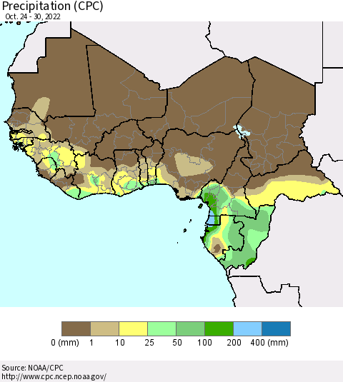 Western Africa Precipitation (CPC) Thematic Map For 10/24/2022 - 10/30/2022