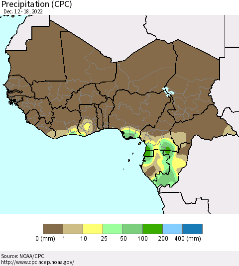 Western Africa Precipitation (CPC) Thematic Map For 12/12/2022 - 12/18/2022