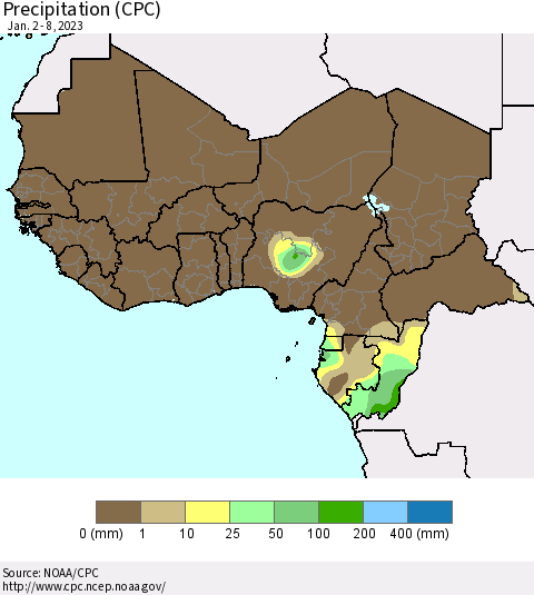 Western Africa Precipitation (CPC) Thematic Map For 1/2/2023 - 1/8/2023