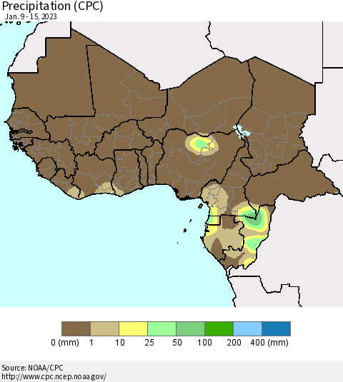 Western Africa Precipitation (CPC) Thematic Map For 1/9/2023 - 1/15/2023