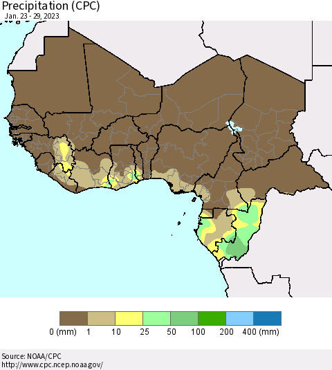 Western Africa Precipitation (CPC) Thematic Map For 1/23/2023 - 1/29/2023