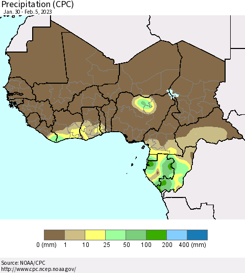 Western Africa Precipitation (CPC) Thematic Map For 1/30/2023 - 2/5/2023