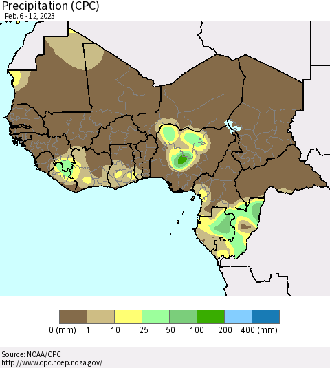 Western Africa Precipitation (CPC) Thematic Map For 2/6/2023 - 2/12/2023