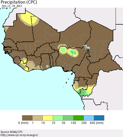 Western Africa Precipitation (CPC) Thematic Map For 2/13/2023 - 2/19/2023