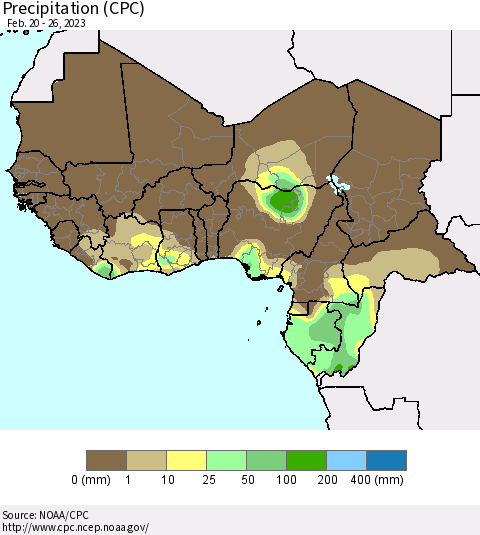 Western Africa Precipitation (CPC) Thematic Map For 2/20/2023 - 2/26/2023