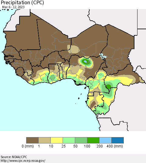 Western Africa Precipitation (CPC) Thematic Map For 3/6/2023 - 3/12/2023