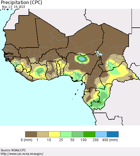 Western Africa Precipitation (CPC) Thematic Map For 3/13/2023 - 3/19/2023