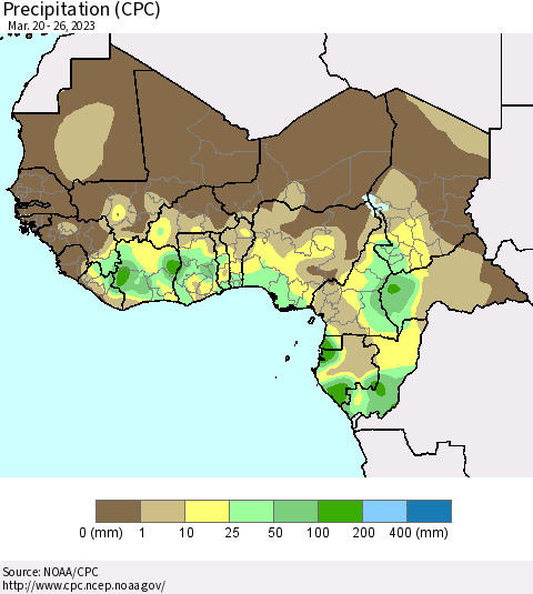 Western Africa Precipitation (CPC) Thematic Map For 3/20/2023 - 3/26/2023