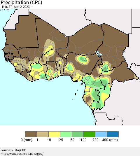 Western Africa Precipitation (CPC) Thematic Map For 3/27/2023 - 4/2/2023
