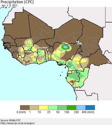 Western Africa Precipitation (CPC) Thematic Map For 4/3/2023 - 4/9/2023