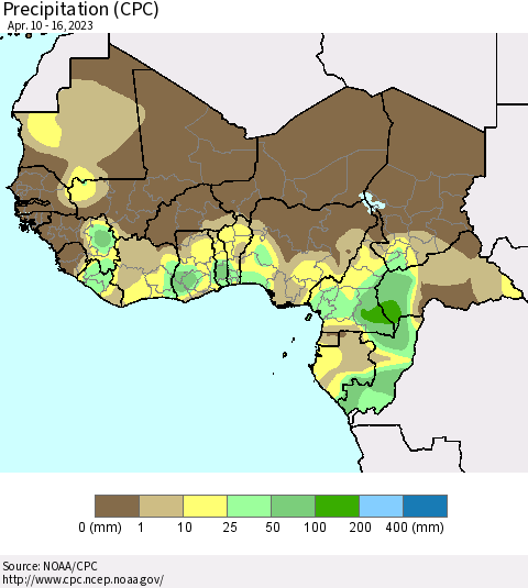 Western Africa Precipitation (CPC) Thematic Map For 4/10/2023 - 4/16/2023