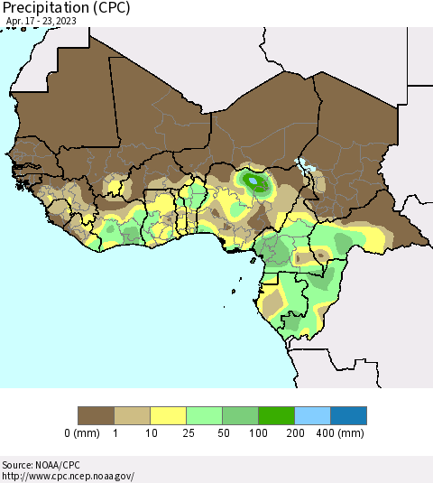 Western Africa Precipitation (CPC) Thematic Map For 4/17/2023 - 4/23/2023