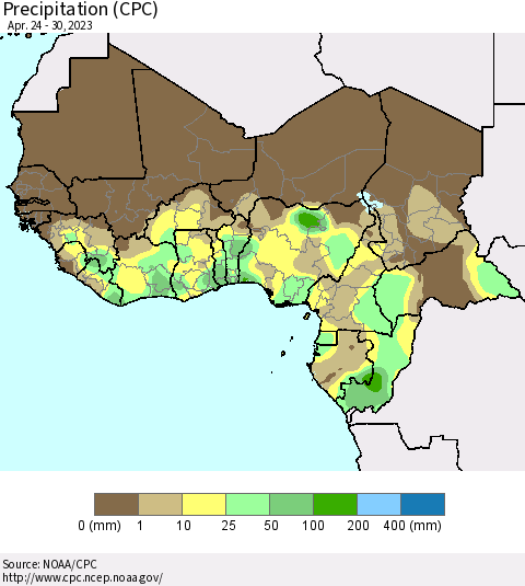 Western Africa Precipitation (CPC) Thematic Map For 4/24/2023 - 4/30/2023