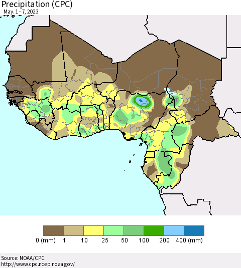 Western Africa Precipitation (CPC) Thematic Map For 5/1/2023 - 5/7/2023