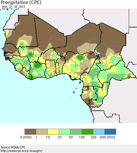 Western Africa Precipitation (CPC) Thematic Map For 5/22/2023 - 5/28/2023