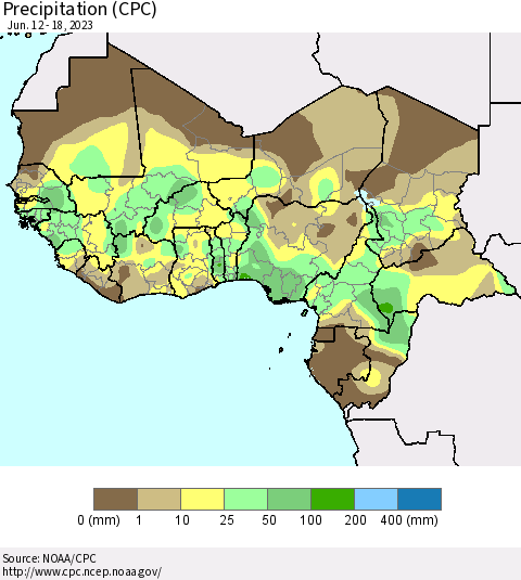 Western Africa Precipitation (CPC) Thematic Map For 6/12/2023 - 6/18/2023