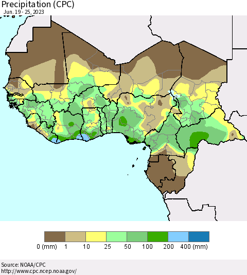 Western Africa Precipitation (CPC) Thematic Map For 6/19/2023 - 6/25/2023