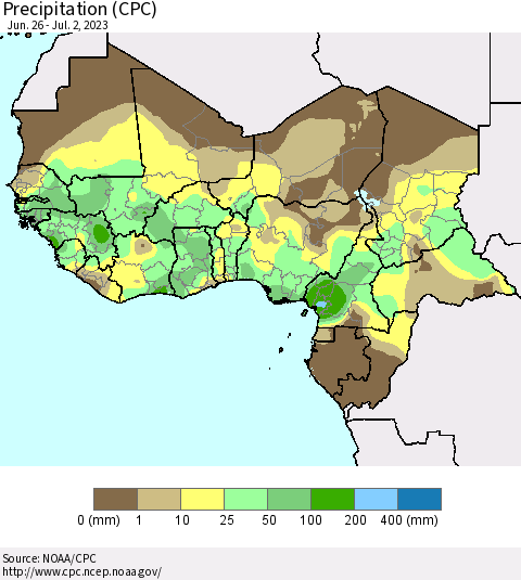 Western Africa Precipitation (CPC) Thematic Map For 6/26/2023 - 7/2/2023