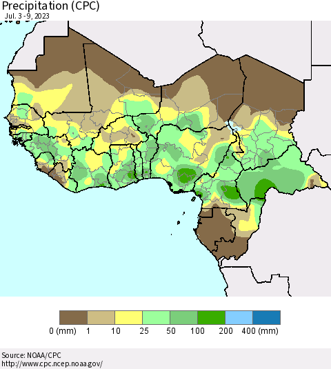 Western Africa Precipitation (CPC) Thematic Map For 7/3/2023 - 7/9/2023
