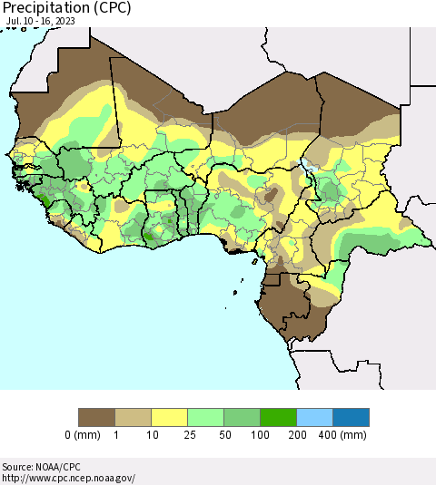 Western Africa Precipitation (CPC) Thematic Map For 7/10/2023 - 7/16/2023