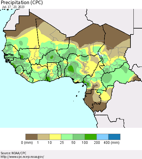 Western Africa Precipitation (CPC) Thematic Map For 7/17/2023 - 7/23/2023