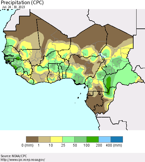 Western Africa Precipitation (CPC) Thematic Map For 7/24/2023 - 7/30/2023