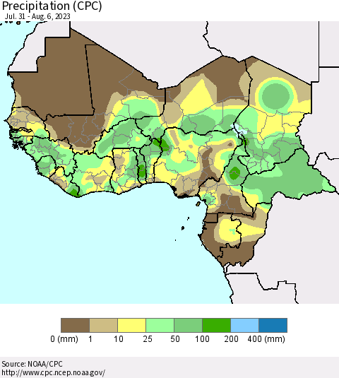 Western Africa Precipitation (CPC) Thematic Map For 7/31/2023 - 8/6/2023