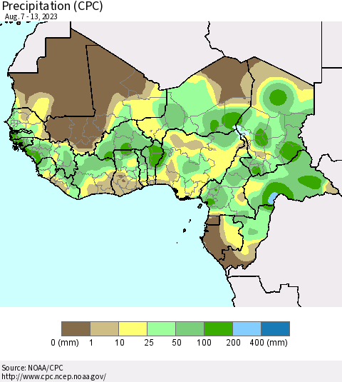 Western Africa Precipitation (CPC) Thematic Map For 8/7/2023 - 8/13/2023