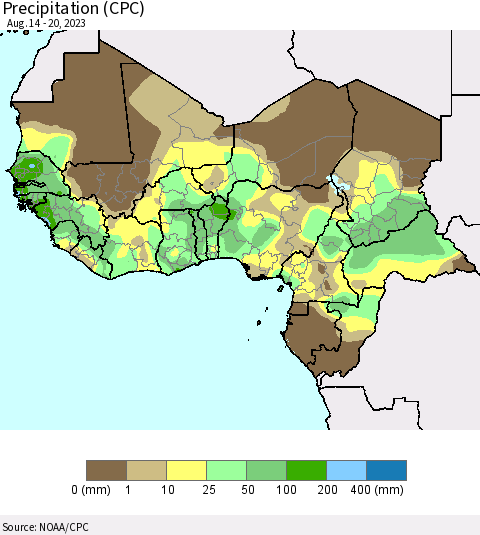 Western Africa Precipitation (CPC) Thematic Map For 8/14/2023 - 8/20/2023