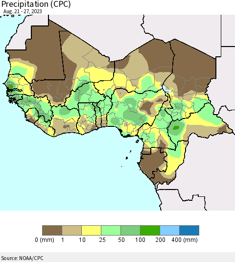 Western Africa Precipitation (CPC) Thematic Map For 8/21/2023 - 8/27/2023
