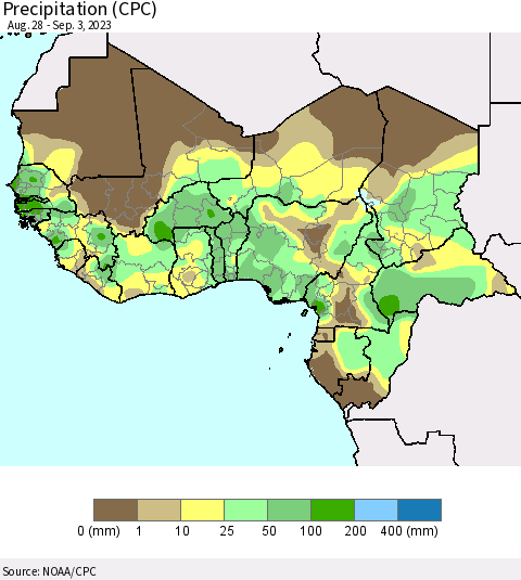 Western Africa Precipitation (CPC) Thematic Map For 8/28/2023 - 9/3/2023