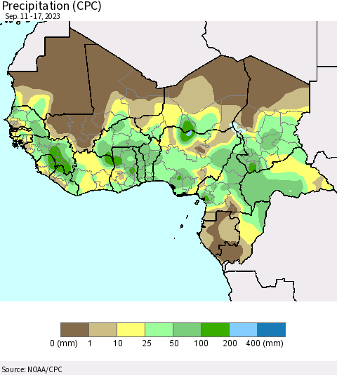 Western Africa Precipitation (CPC) Thematic Map For 9/11/2023 - 9/17/2023