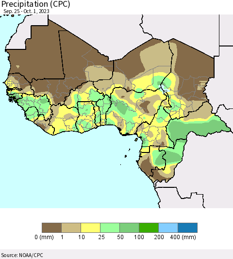 Western Africa Precipitation (CPC) Thematic Map For 9/25/2023 - 10/1/2023
