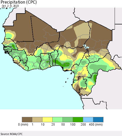 Western Africa Precipitation (CPC) Thematic Map For 10/2/2023 - 10/8/2023