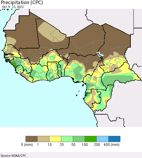 Western Africa Precipitation (CPC) Thematic Map For 10/9/2023 - 10/15/2023
