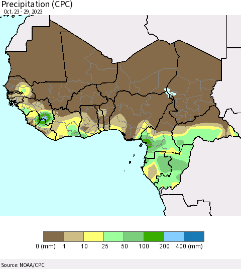 Western Africa Precipitation (CPC) Thematic Map For 10/23/2023 - 10/29/2023