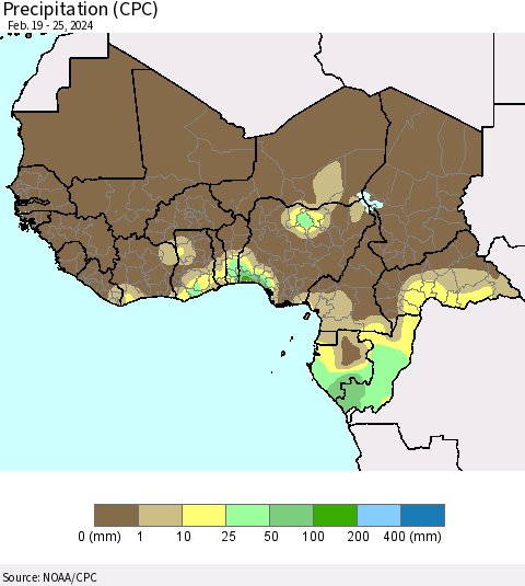 Western Africa Precipitation (CPC) Thematic Map For 2/19/2024 - 2/25/2024