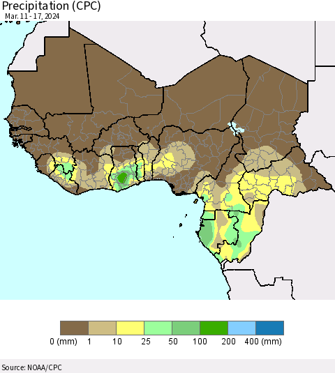 Western Africa Precipitation (CPC) Thematic Map For 3/11/2024 - 3/17/2024