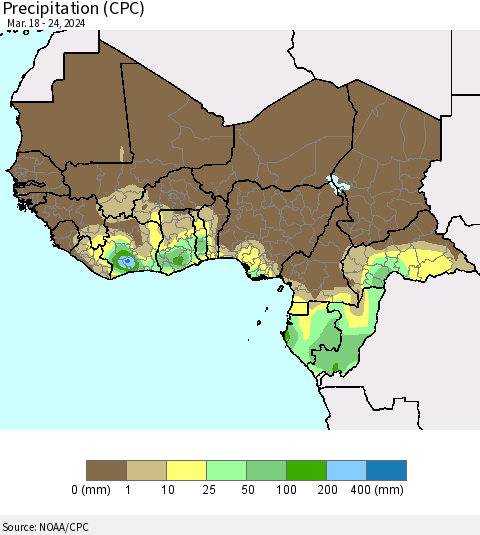 Western Africa Precipitation (CPC) Thematic Map For 3/18/2024 - 3/24/2024