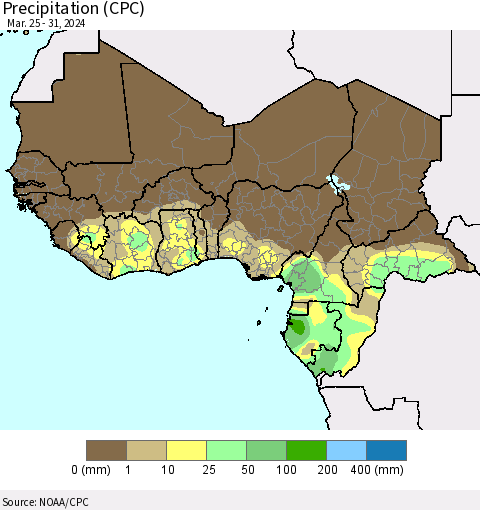 Western Africa Precipitation (CPC) Thematic Map For 3/25/2024 - 3/31/2024