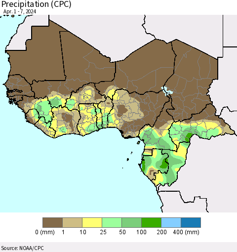 Western Africa Precipitation (CPC) Thematic Map For 4/1/2024 - 4/7/2024