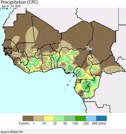 Western Africa Precipitation (CPC) Thematic Map For 4/8/2024 - 4/14/2024
